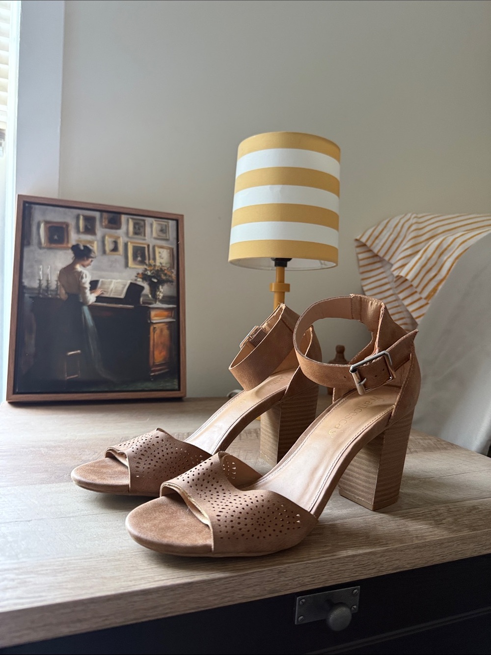 Francesca's Collections Tan Suede Block Heel Sandals with Ankle Strap
